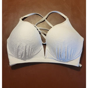 Shade Shore White Ribbed Longline V-Wire Bikini Top Women's Size 34DD